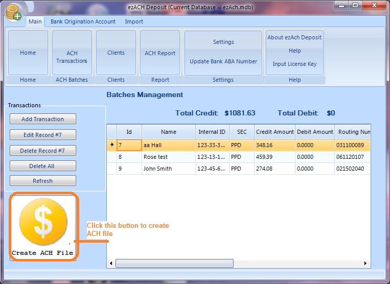 import transaction for ACH file