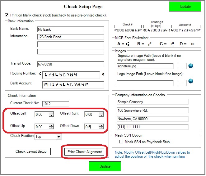 adjust check printing position