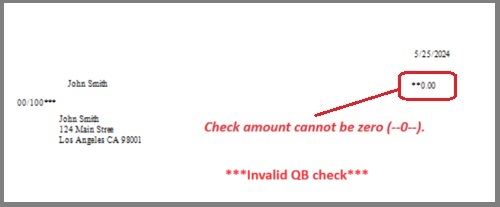 QuickBooks check zero amount