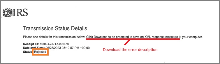 efile 1095 IRS rejected message