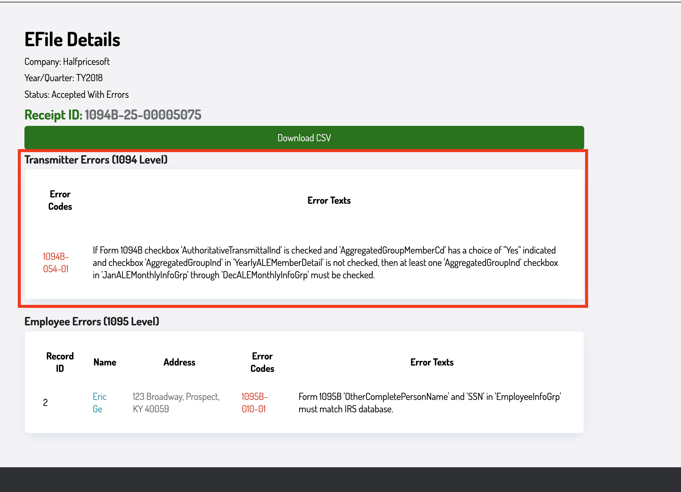 1094 error report highlighted for 1094 C form