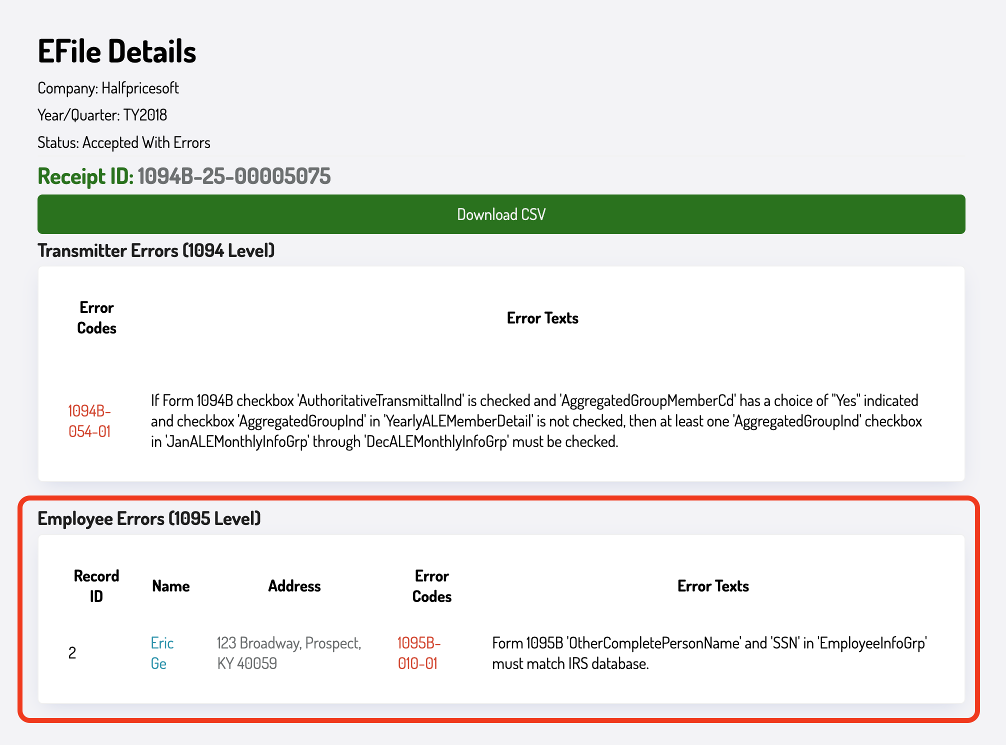 1095 error report highlighted for 1095 B/C form