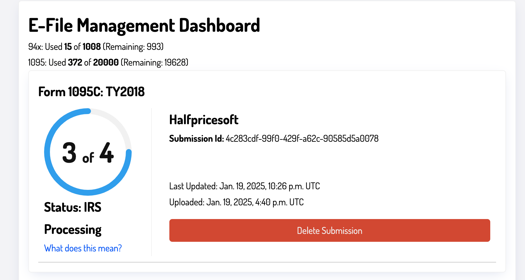 IRS processing status image for 1095 halfpricesoft e-filing