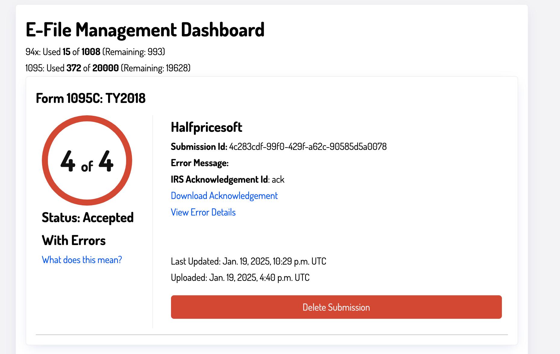 Accepted with errors status halfpricesoft 1095 e-filing