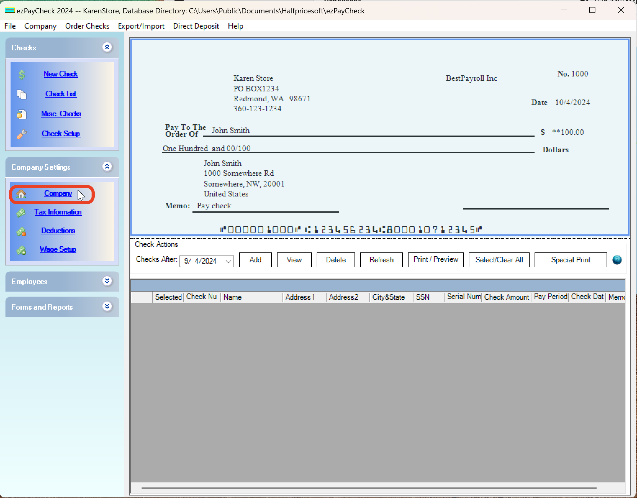 Image of how to update preparer information for ezPaycheck in the company bost