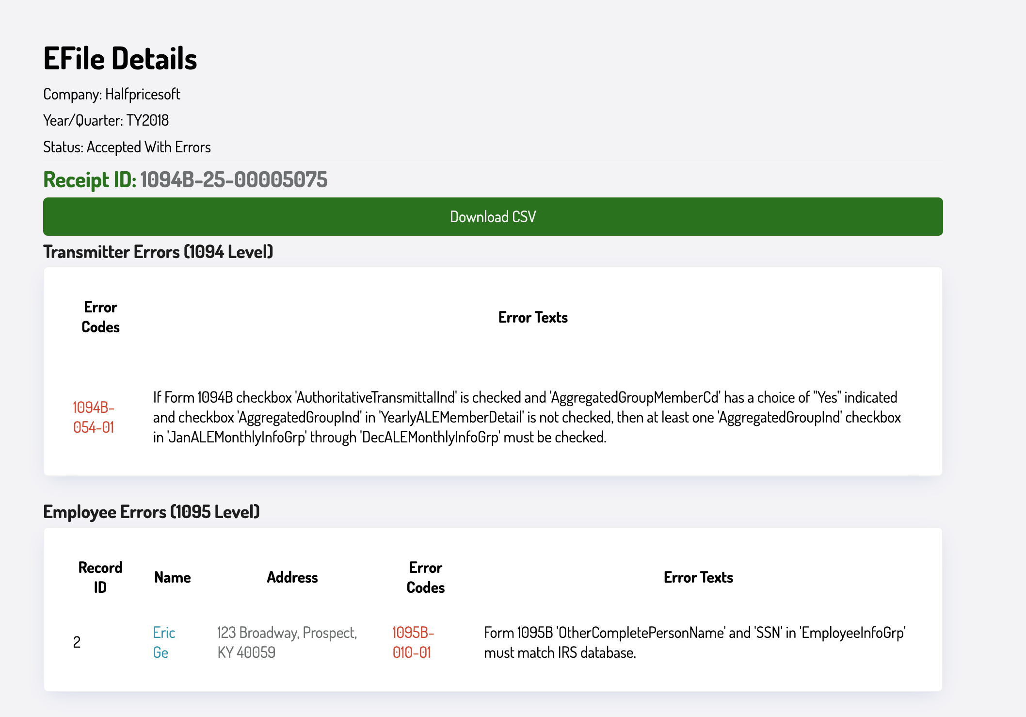 Error breakdown page for 1095 IRS e-filing