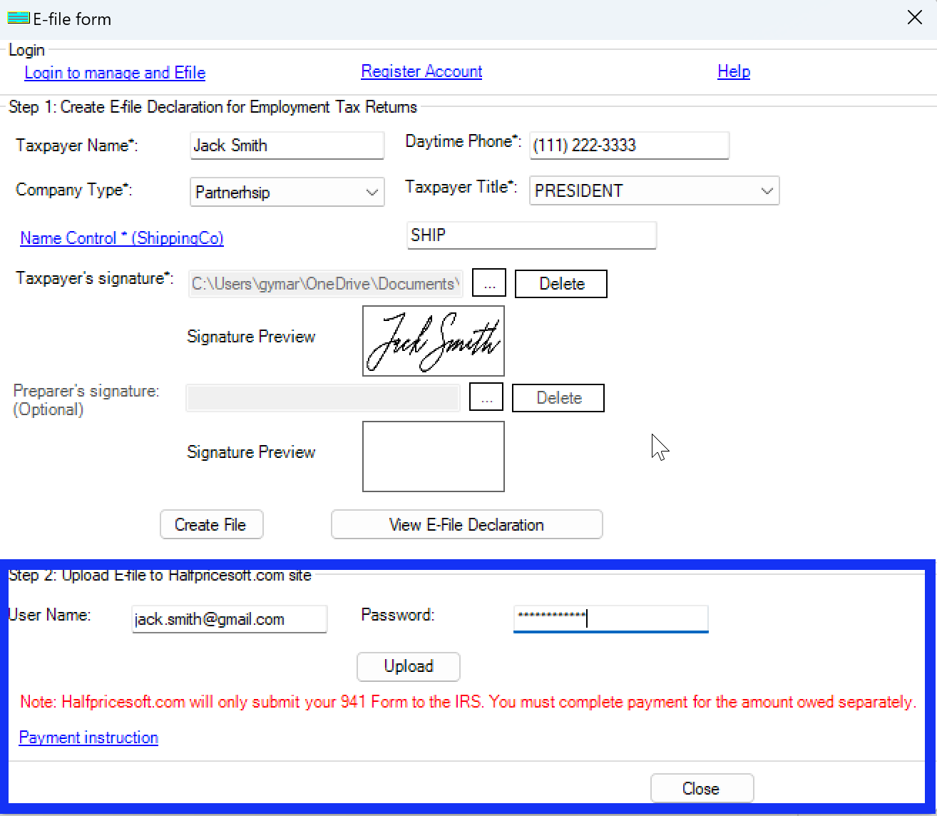 Screenshot of 941 e-file submission page