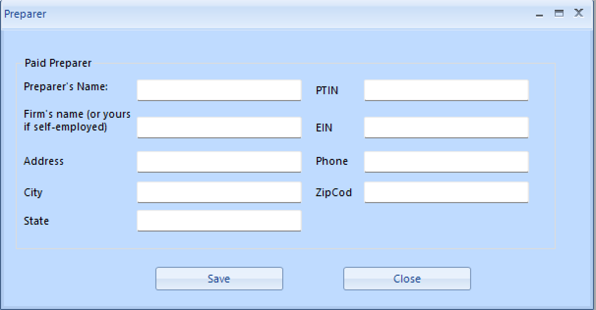 ezAccounting preparer form detailing what information can be filled out.