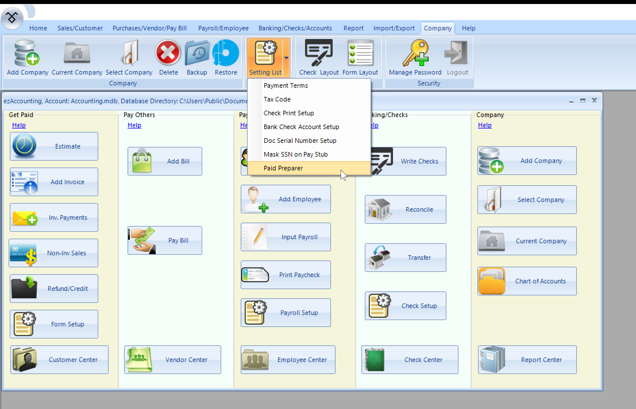 Image of how to update preparer information for ezAccounting in the company bost