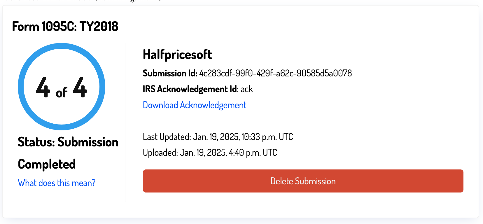 Submission completed image for halfpricesoft e-filing 1095