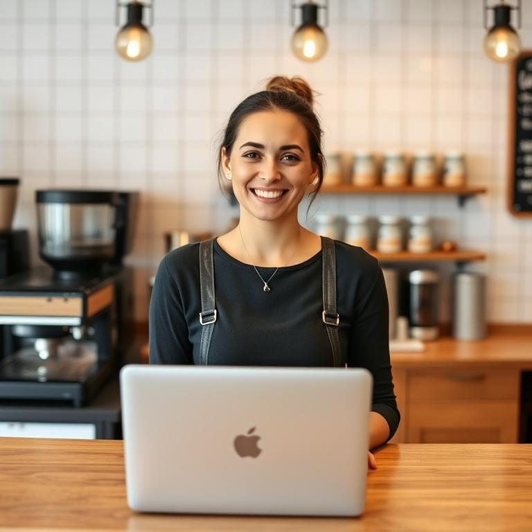 A woman standing behind a cofee shop counter smiling while using ez1095